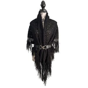 Black Knit Triangle Classical Shawl With Fringe